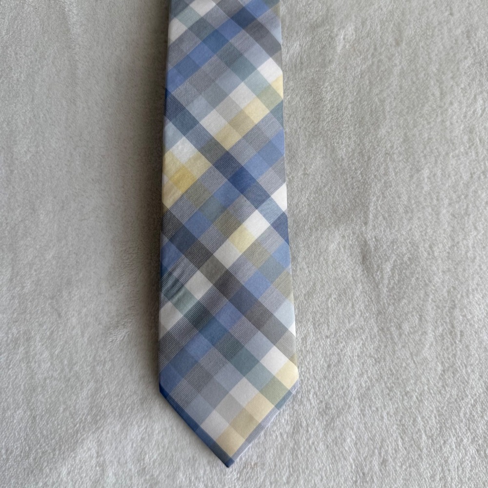 Express Men's Slim Silk Necktie Blue Yellow Plaid Pastel‎ Summer Office Workwear